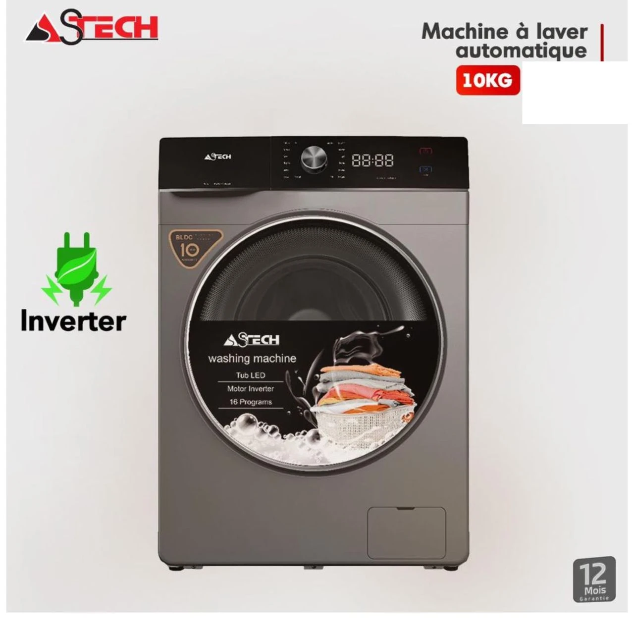 X Machine à Laver ASTECH 10Kg Inverter MLV10FN1003LC – 16 Programmes avec Écran LED – Image 1